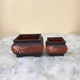 Chậu bonsai Vuông chân quì mini đất nung Cặp 2 gốm Bát tràng 1 size BM-132