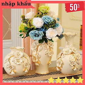 Bộ 3 Lọ Hoa Gốm- Bình Cắm Bồng Cao Cấp Họa Tiết Hoa Nổi Mạ Vàng Sang Chảnh -Đẳng Cấp