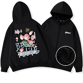 Áo Hoodie Zip Tulips Local Brand Bom House Basic Nam Nữ Form Rộng Ulzzang Unisex, áo hoodie best tulip - Đen - Size XL từ 56kg đến 68kg
