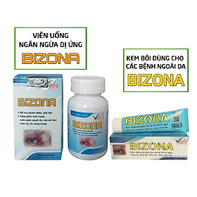 Bộ đôi kết hợp uống và bôi ngoài da: Bizona và kem Bizona - Giải độc dị ứng, giảm mẩn ngứa ngoài da, sẩn mề đay, rôm sảy. Giảm đau bụng, tiêu chảy, buồn nôn do dị ứng thức ăn. Sản phẩm của Vioba, hộp 60 viên & tuýp 30g