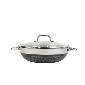 Chảo xào inox 304 cao cấp KimsCook NOONSONG 2 quai 32cm chống dính 2 mặt 3 lớp đúc liền đáy từ nắp kính - tặng 1 sạn inox