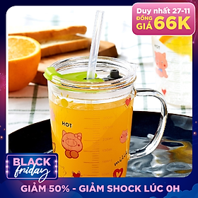 cốc (ly) thủy tinh pha sữa có vạch đo thể tích 350ml, có nắp đậy, ống hút silicon đi kèm- tặng kèm thìa khuấy sữa