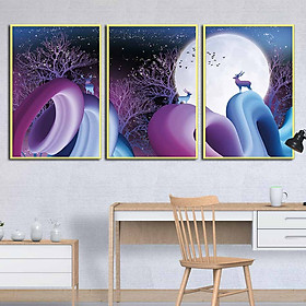 Bộ 3 tranh canvas treo tường Decor họa tiết cách điệu hươu và rừng cây, phong cách hiện đại, ấn tượng - DC059