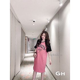 váy suông nữ, đầm suông cộc tay phối in chữ n.y.c chất cotton 2 màu