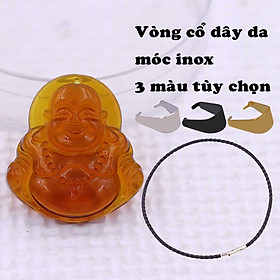 Mặt Phật Di lặc Pha lê trà 3.6 cm kèm vòng cổ dây da đen + móc inox vàng, mặt dây chuyền Phật cười