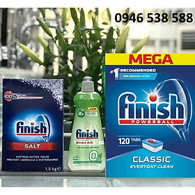 Combo Nước làm bóng bát finish hữu cơ+120 viên finish+1.5 muối finish dùng cho máy rửa bát