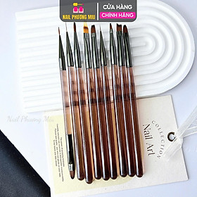 Bộ Set Cọ 9 Cây Làm 10 Đầu Làm Nail, Màu Nâu, Cọ Bản, Cọ Fen, Cọ vẽ Omber, Cọ Nét, Cọ Đắp Gel Cho Thợ Làm Nail Tiện Lợi
