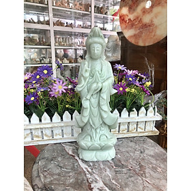 Tượng Phật Bà Quan Thế Âm Bồ Tát đứng đài sen cầu bình an đá cẩm thạch trắng xanh - Cao 30 cm