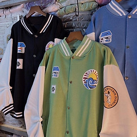 Áo khoác bóng chày bomber nỉ ngoại unisex ulzzang nam nữ, Áo khoác bomber nỉ bông dày dặn quảng châu form rộng unisex khoác bóng chày nam nữ - Đen - &lt60kg