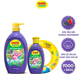 Combo Sữa Tắm Gội cho bé Carrie Junior Hương Grapeberry: 700g + 280g - Tặng phao bơi