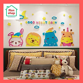 Tranh dán tường mica 3D good night baby, chúc bé ngủ ngon, decal dán tường các con vật trang trí phòng ngủ cho bé