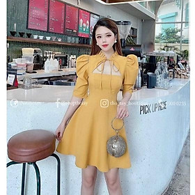 Đầm xoè tiểu thư cổ bèo cột nơ khoét ngực tay phồng siêu xinh