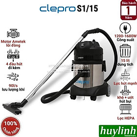 Mua Máy hút bụi công nghiệp khô và ướt Clepro S1/15 - Dung tích 15 lít - Công suất 1200 - 1600W - bộ lọc HEPA - Hàng chính hãng