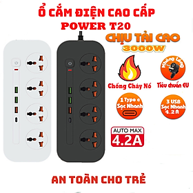 Mua Ổ cắm điện đa năng POWER T20  ổ điện thông minh 3 cổng USB 1 type c sạc nhanh 4 ổ cắm điện chống cháy nổ an toàn cho trẻ - Hàng chính hãng