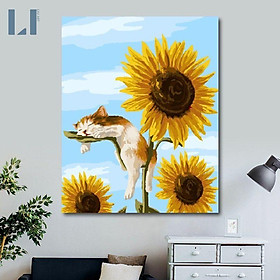 Mua Tranh tô màu theo số mèo và hướng dương -Tranh số hóa có khung T408