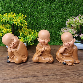 Bộ 03 tượng chú tiểu áo nâu ngồi an nhiên cao 13.5cm - tặng kèm túi 50 xu vàng mini may mắn