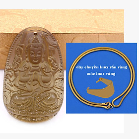 Mặt Phật Thiên thủ thiên nhãn đá obsidian ( thạch anh khói ) 5 cm kèm dây chuyền inox rắn vàng - mặt dây chuyền size lớn - size L, Mặt Phật bản mệnh