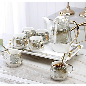 BỘ ẤM CHÉN KÈM KHAY SỨ XƯƠNG PHA TRÀ CÀ PHÊ VÂN ĐÁ PHONG CÁCH CHÂU ÂU SANG TRỌNG - VD695