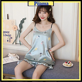 Bộ ngủ 2 dây nữ pijama satin mặc mát mùa hè hàng Quảng Châu 2021