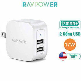 Củ Sạc Điện Thoại 17W 2 Cổng USB iSmart 2.0 RAVPower RP-PC121 - Hàng Chính Hãng