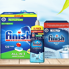 Combo muối rửa bát Finish 1,5kg+viên rửa bát Finish 120 viên+Nước làm bóng