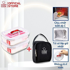 Hình ảnh Bộ 2 hộp đựng cơm thức ăn ,trữ thực phẩm thủy tinh chịu nhiệt COBA'COOK hộp chữ nhật 370ml TẶN 1 túi giữ nhiệt - CCL32BS