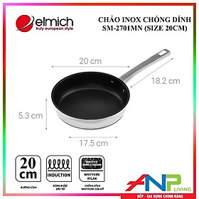 Chảo INOX Chống Dính 3 Lớp Đáy Từ Elmich SM-2701 Size 20cm, SM-2702 Size 24cm (Dùng Được Cho Mọi Loại Bếp) - Hàng chính hãng