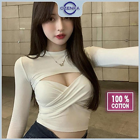 Áo croptop tay dài ôm body khoét ngực gợi cảm OZENKA , crt cổ tròn trắng đen thun cotton 100% đẹp mềm mịn mát dưới 55kg