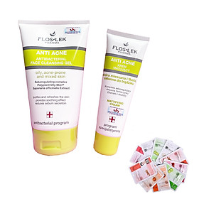 Floslek Anti Acne - Bộ 2 Sữa rửa mặt làm sạch kháng khuẩn 125ml + Kem điều tiết nhờn, kiềm dầu, giảm mụn ngừa thâm 50ml + Tặng ngay 2 mặt nạ Dermal bất kỳ
