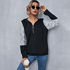 Fashion Women Hooded Hoodie Lace Splicing Long Sleeve Drawstring Zipper Casual Top