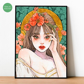 Mua Tranh số hóa  - Cô gái hoa đỏ đã căng khung 40x50cm 29 màu