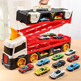 Đồ Chơi Xe Tải Container HotWheels Biến Hình Vận Chuyển Xe Ôtô Cỡ Lớn Cao Cấp Tặng Kèm 6 Xe Con Và Bệ Phóng