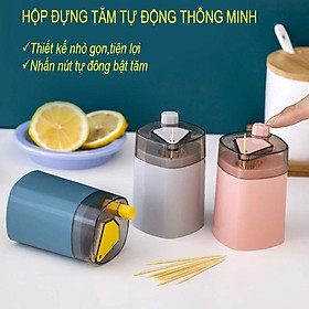 Hũ đựng tăm bằng nhựa lúa mạch, có nút nhấn tự động