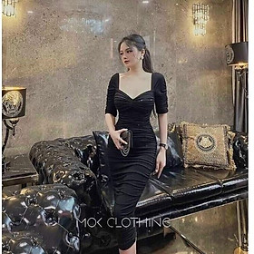 Đầm body dài cổ vuông nhúng xếp ly toàn thân