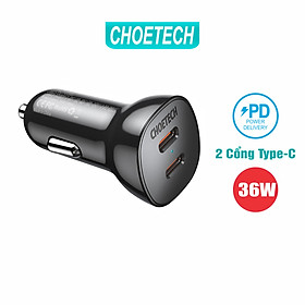 Củ Sạc Điện Thoại Ô Tô 36W, 2 Cổng Type-C PD 20W CHOETECH TC0008 V2 - Hàng Chính Hãng