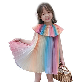 Đầm Công Chúa Xếp Ly Bảy Sắc Cầu Vồng Cho Bé Gái
