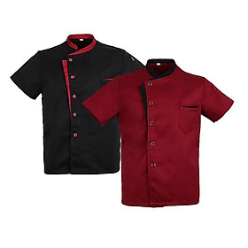 2pcs/set Professional Unisex Chef Jacket Coat Short Sleeve Shirt Hotel Kitchen Work Uniform Black Red M