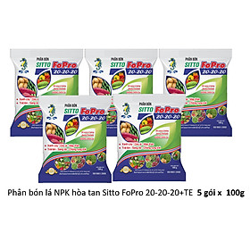 Combo 5 gói Phân bón lá NPK hòa tan Sitto FoPro 20-20-20+TE (100g x 5 gói)