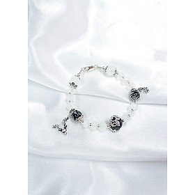 Vòng tay mệnh kim, thủy đá moonstone, đá thạch anh tóc đen mix đá thạch anh trắng + charm hồ lô, đầu hươu LAT.92