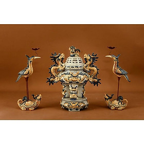 Mua Bộ Đỉnh-Hạc đặt ban thờ gia tiên men rạn cổ  họa tiết đắp nổi thủ công. Gốm sứ Bát Tràng