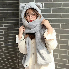Mũ tai gấu lông chùm đầu choàng cổ cực ấm áp