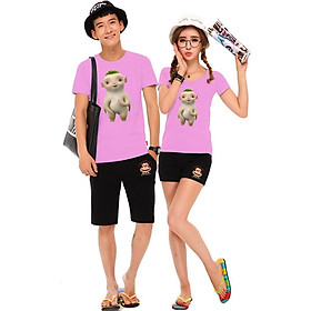Bộ Áo Thun Đôi Nam Nữ Quái Thú Dễ Thương Màu Hồng Phấn - S