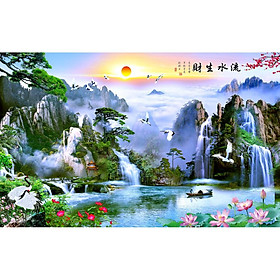 Tranh dán tường 3D phong thuỷ thác nước - vải lụa kim tuyến