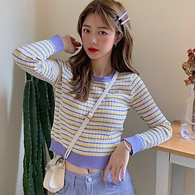 Áo Sweater Dệt Kim Tay Dài Hoạ Tiết Kẻ Sọc Màu Tương Phản Cho Nữ