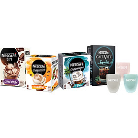 Bộ 4 sản phẩm NESCAFE Socola & Cappuccino Caramel & Cappuccino Dừa & NESCAFE Việt Tequila Tặng Bộ 3 Ly sứ
