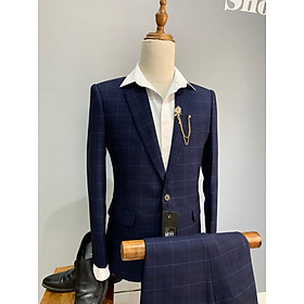 Bộ Vest Nam xanh kẻ kiểu dáng Hàn Quốc
