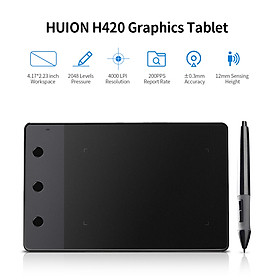 Huion H420 Professional Graphics Drawing Tablet with 3 Shortcut Keys 2048 Levels Pressure Sensitivity 4000LPI Pen
