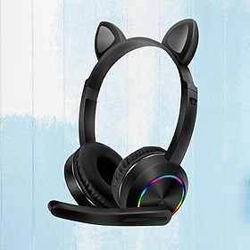 Bluetooth Headphones LED Light up Cat Ear Headset Earphones w/Mic Black