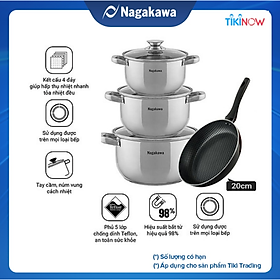 Mua Combo Bộ 3 nồi inox cao cấp 4 đáy NAG1304 (16cm  20cm  24cm) và Chảo cạn chống dính đáy từ NAG2001 (20cm)