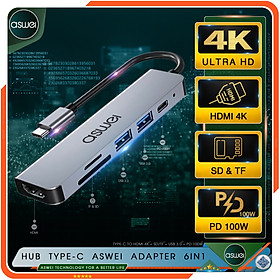 Hub Type C ASWEI 6in1 To HDMI, USB 3.0, SD, TF, PD 100W - Hàng Chính Hãng